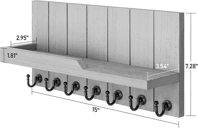 Rebee Vision Decorative Key and Mail Holder for Wall - Farmhouse 15 Inches Floating Shelf with 7 Sturdy Key Hooks for Home Entryway Wall Decor - Rustic Key Racks (Gray)