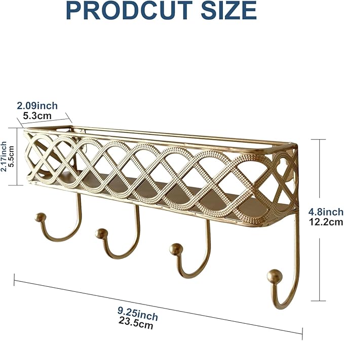 Celtic Knot Key Holder Wall Shelf - Entryway Wall Mounted Organizer with 4 Hooks, Metal Storage for Keys, Wallets, Bags, Hats (Golden)