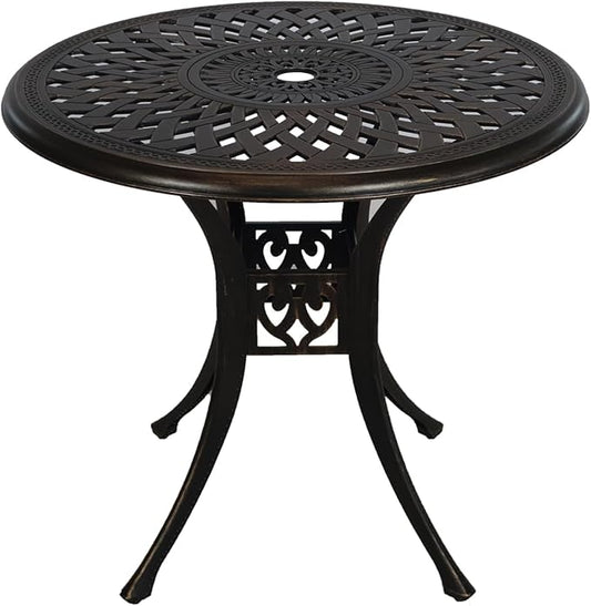 30.3" Patio Bistro Table Cast Aluminum Patio Table,Metal Patio Dining Table with Umbrella Hole,All Weather Outdoor Bistro Dining Table for Backyard, Garden, Balcony, Bronze