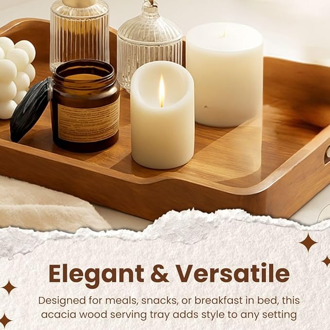 Acacia Wood Serving Tray with Handles, 18x13in Food Drinks Tray for Coffee Table, Breakfast, Dinner & Bar, Rustic Decorative Storage Tray for Ottoman, Kitchen, House Warming Gifts New Home