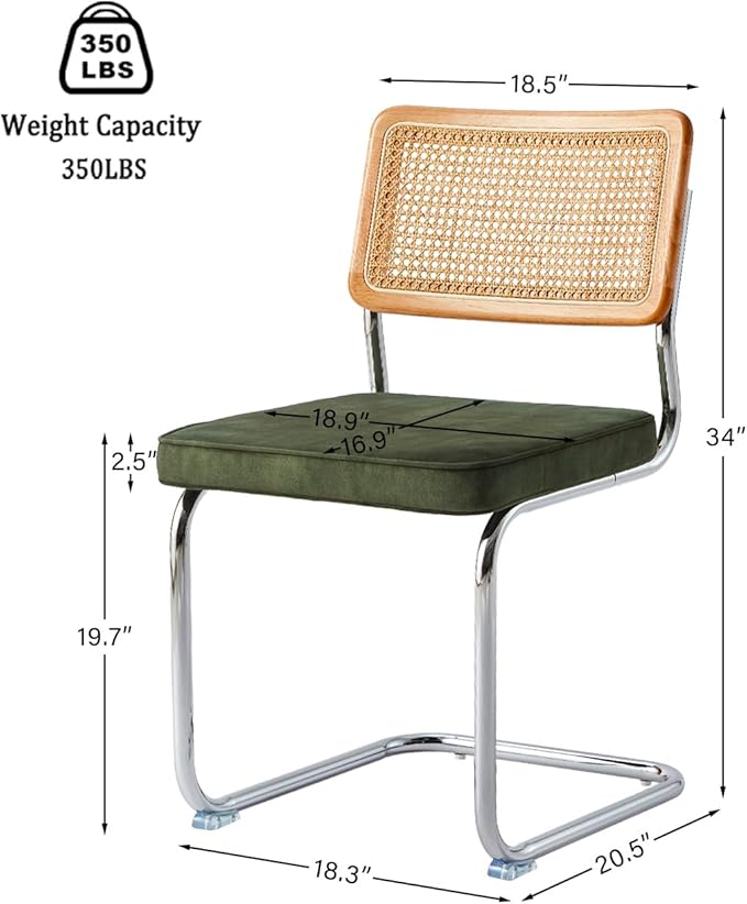 Green Rattan Dining Chairs Set of 4, Wooden Mid Century Modern Kitchen Chairs, Mesh Back Cane Dining Room Chair, Cesca Design Chairs with Metal Chrome Legs