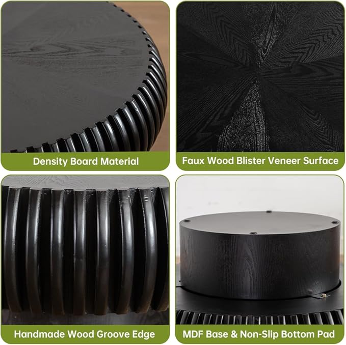Black Round Coffee Table for Living Room Round Fluted Drum Coffee Table Modern Fluted Coffee Tables for Living Room (Black, 31.4 inch)