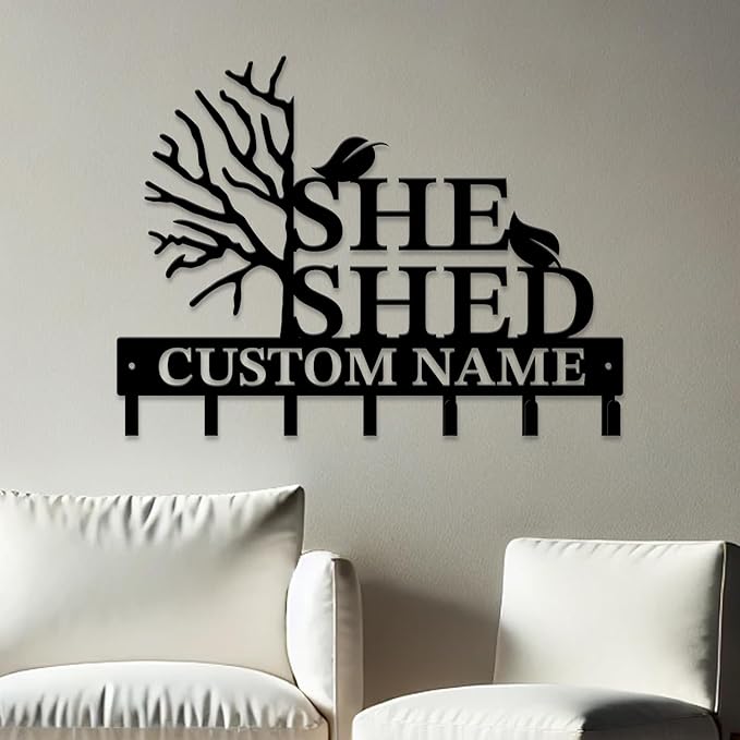 Personalized She Shed Keys Hooks,Custom Name Metal She Shed Art Keys Hooks,Metal She Shed Lover Wall Home Storage Decorative Keys Hooks,Key Holder Hooks for Wall (Style F)