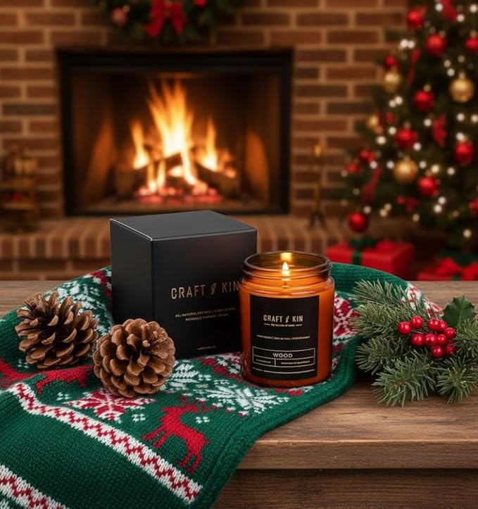 Craft & Kin Christmas Scented Candles for Men | Premium Wood Candle | All-Natural Scent for Home | Long Lasting Holiday Candles with 45 Hour Burn Time, 8oz