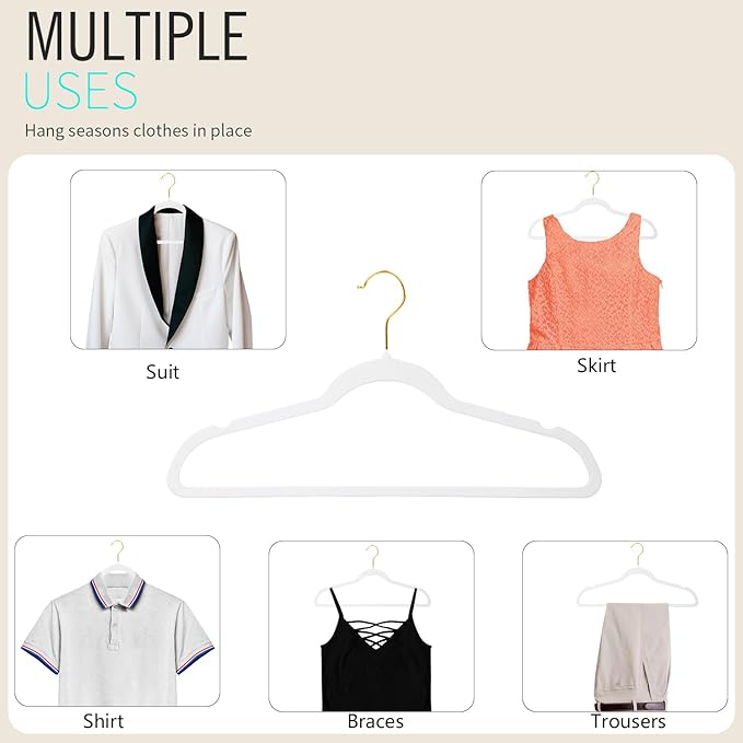 ManGotree Velvet Coat Hangers, Non-Slip Felt Suit Hangers, Ultra-Slim Space Saving Clothes Hanger with 360° Swivel Gold Hook, Sturdy for Jacket, Shirt, Dress, Pants (36 Pack, White)