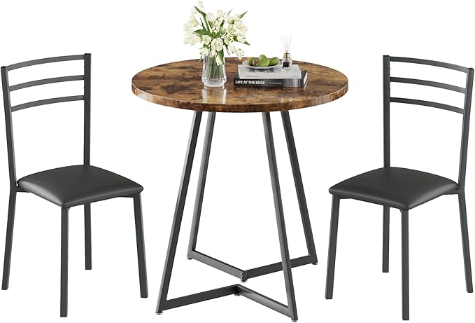 VECELO Small Round Kitchen Table with 2 Upholstered Chairs, 3-Piece Wood Dinette Sets with Steel Frame for Breakfast Nook, Dining Room, and Small Space, Brown