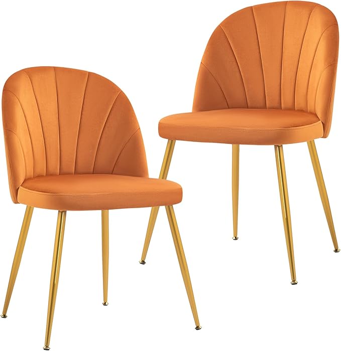 Velvet Dining Chairs Set of 2, Upholstered Mid Century Modern Dining Chairs, Armless Accent Chair with Metal Gold Legs for Living Room, Kitchen, Dining Room, Orange