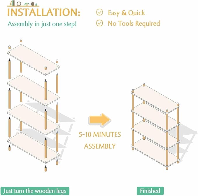 IOTXY 4-Tier Wooden Shelf Bookcase - Modern Open Bookshelf, Free Standing Storage Rack, Multifunctional Display Stand for Home and Office, White, Rectangle