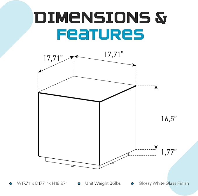 SONOROUS Premium Tempered Glass Side Table - Luxury Nightstand & Bedside Table for Bedroom or Living Room - High Gloss End Table in White Finish - Sleek Cube Design with Fingerprint Resistant Glass