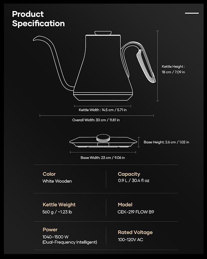 Cocinare FLOW B9 Gooseneck Electric Kettle, Precise Temperature Control for Pour-Over Coffee & Tea Brewing, Stainless Steel Interior, Rapid Heating for Boiling Water 0.9L (Morandi White)