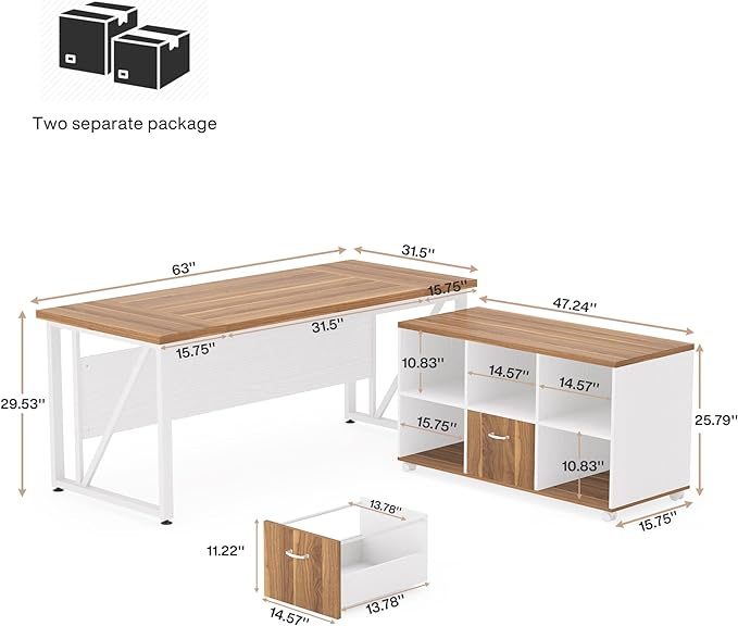 Tribesigns 63 inches Executive Desk and 47" lateral File Cabinet, L-Shaped Computer Desk Home Office Furniture Set with Drawers and Storage Shelves, Office Table with Cabinet (Walnut+White, 63)