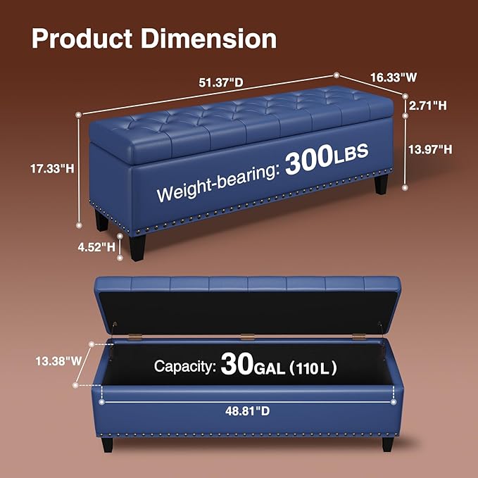 Storage Ottoman Bench,51-Inch Large Storage Bench for Bedroom End of Bed, 30 Gallons Faux Leather Ottoman with Storage for Bedroom, Living Room, Entryway, Hallway, Blue