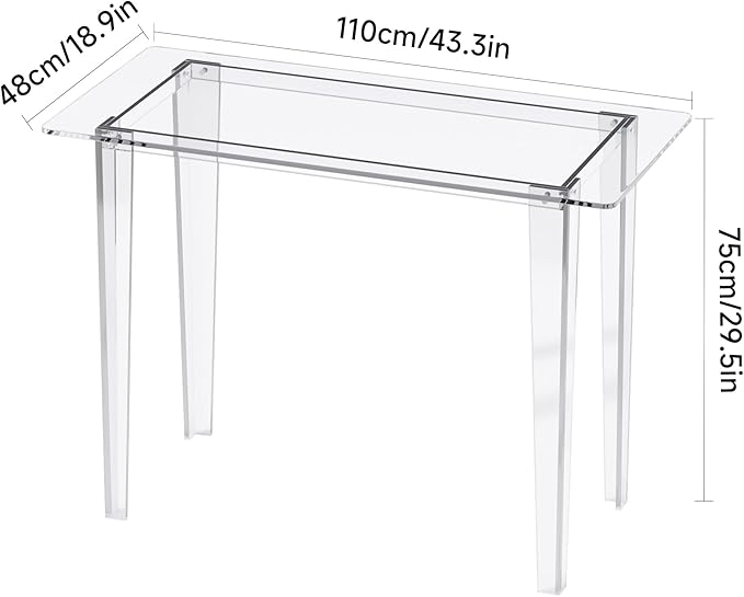 Acrylic Desk - Modern Study Table for Home Office, Extended Surface Multi-Purpose Console & Entryway Table, Sturdy Lightweight Design, Transparent Workstation for Small Spaces（Transparent-L）