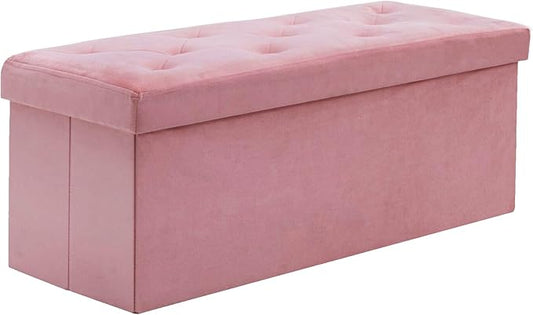 BRIAN & DANY 43 Inches Folding Storage Ottoman Bench, Velvet Ottoman with Storage for Living Room, Long Shoes Bench,Flannelette Footrest Benches Seat (Hot Pink)