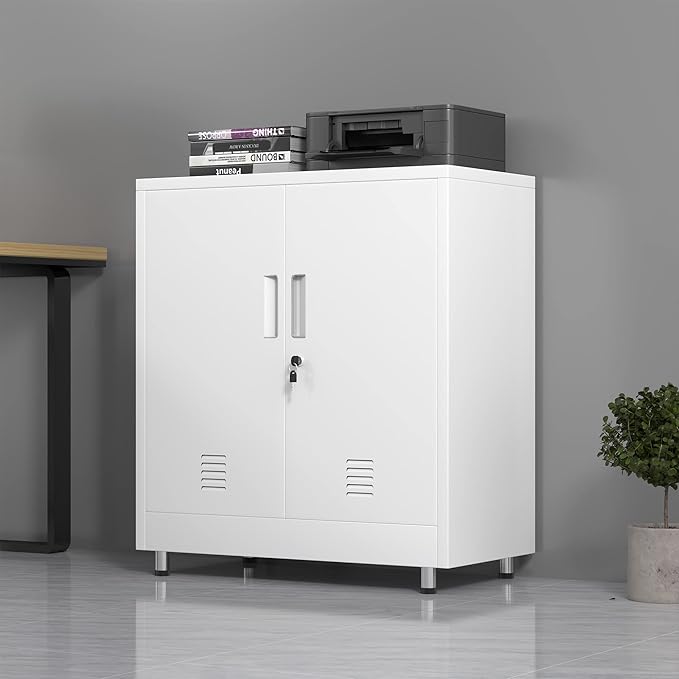 Metal Storage Cabinet with Locking Doors and Adjustable Shelf, Small Lockable Sideboard Buffet Cabinet for Home Office Hallway Entryway Living Dining Room (White)