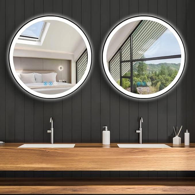 20 Inch Black Round Lighted Vanity Mirror with Lights Black Frame Round LED Mirror for Bathroom Wall 3 Color Adjustable Brightness Anti-Fog 20" Bathroom Black Framed Circle LED Smart Mirrors