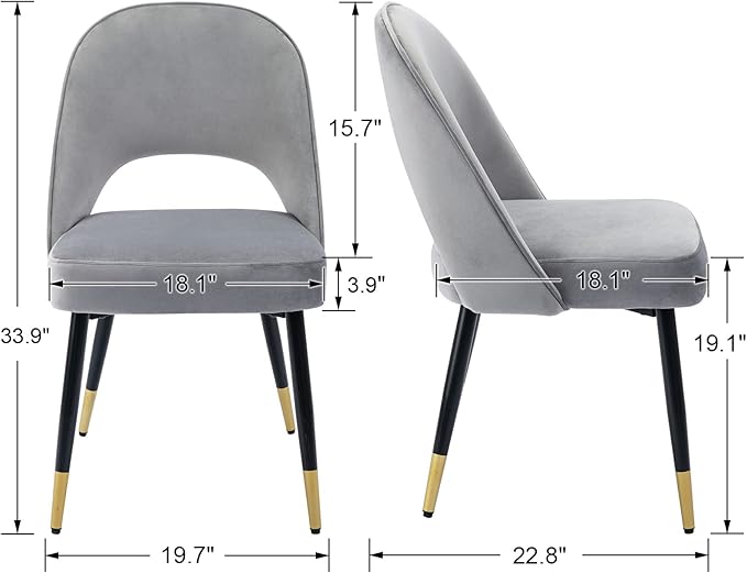 DUOMAY Modern Dining Chair Set of 4 with Open Back, Velvet Upholstered Armless Chair with Metal Frame Side Chair for Kitchen Dining Room Living Room, Grey