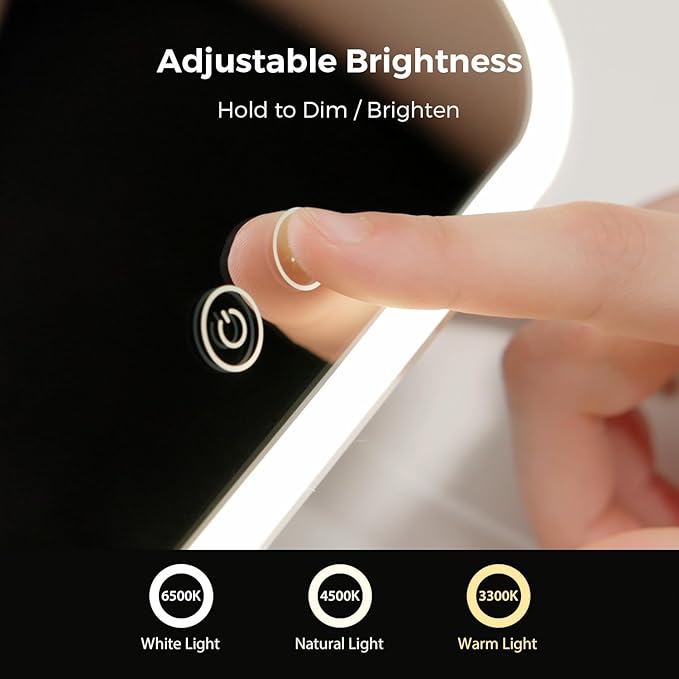 Lighted Makeup Mirror, Metal Table Mirror with Stand, 2000 mAh Rechargeable Vanity Mirror with 3 Colors and Brightness Adjustable, 12 Inch Light up Mirror