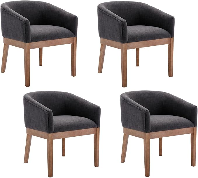 Mid-Century Modern Charcoal Dining Chairs Set of 4, Linen Upholstered Kitchen Dining Room Chairs with Wood Legs, Curved Backrest Armchairs, Charcoal