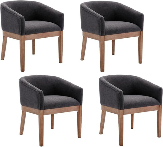 Mid-Century Modern Charcoal Dining Chairs Set of 4, Linen Upholstered Kitchen Dining Room Chairs with Wood Legs, Curved Backrest Armchairs, Charcoal