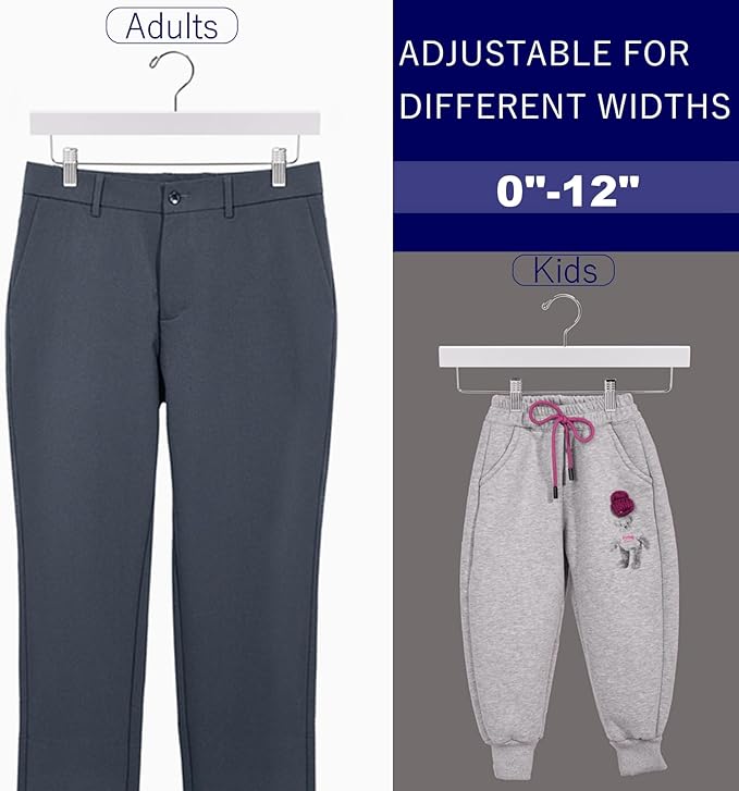 Amber Home 10 Pack White Wooden Pants Hangers with 2-Adjustable Clips for Jeans, Slacks, Shorts