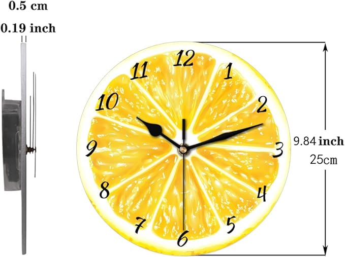 Yellow Lemon Wall Clock Battery Operated 10 in Round Wall Clocks Slilent Non Ticking Quartz Analog Clock for Bedroom Kids Living Room Classroom Decor