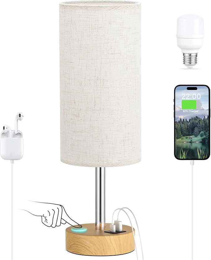 Dicoool Touch Bedside Table Lamp with USB - 3 Way Dimmable Wood Lamp for Bedroom Nightstand, Desk Lamp with Charging Station for Dorm, Living Room, Office, Kids Room, Small, 14in