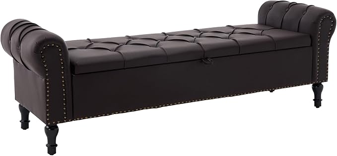 Faux Leather Storage Bench 67 Inch Upholstered Tufted Ottoman Bench with Arms Large Storage Space King Size End of Bed Bench for Bedroom Living Room Entryway Whiskey Coffee