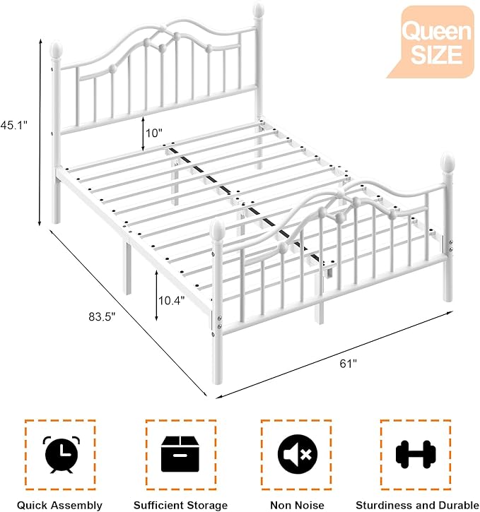 Queen Size Bed Frame, Metal Platform Bed with Victorian Headboard and Footboard, Strong Metal Slats Support, Mattress Foundation No Box Spring Needed, Easy Assembly, Noise Free, White