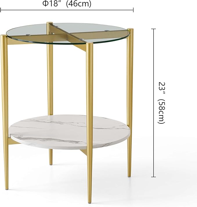 Round Glass End Table, Mid-Century Modern Design Sofa Table for Living Room, D18 x H23 in, 2-Tier Structure, Clear Glass Top and White Marble Shelf, Sleek Conical Legs with Gold Finish Frame