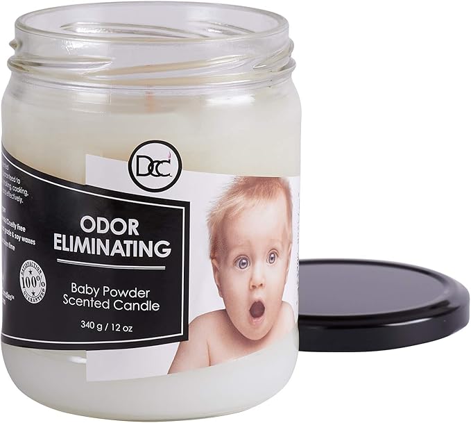 Baby Powder Odor Eliminating Highly Fragranced Candle - Eliminates 95% of Pet, Smoke, Food, and Other Smells Quickly - Up to 80 Hour Burn time - 12 Ounce Premium Soy Blend