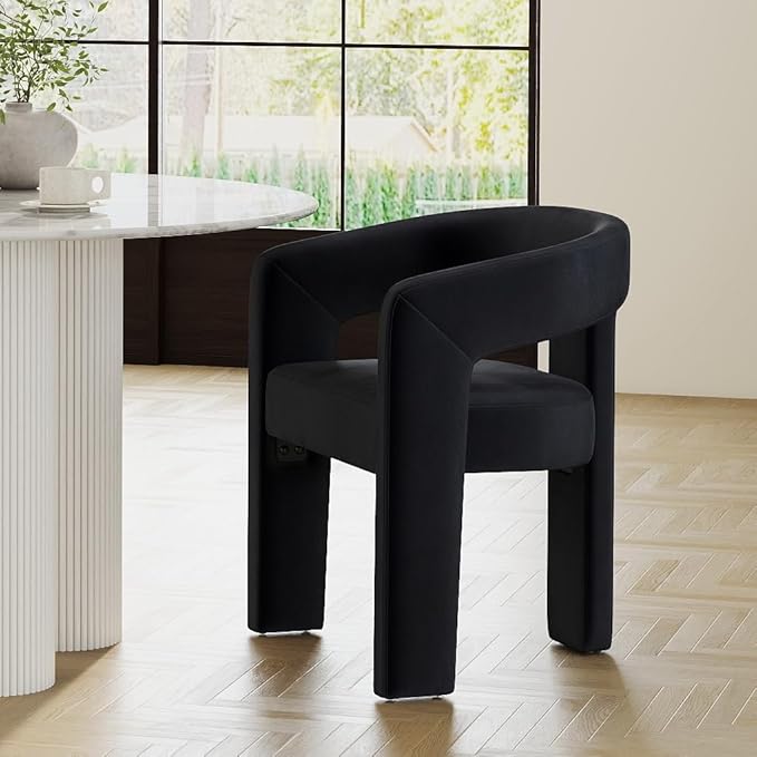 Modern Barrel Dining Chair, Velvet Upholstered Accent Side Chair with Arms Comfy Makeup Vanity Chair, Dining Living Room Kitchen Chair, Black