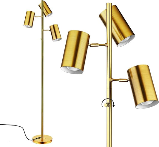 Tree Floor Lamp for Living Room,Stepless Dimmable Gold Standing Tall Pole Lamp with 3 Bulbs,Modern Reading Floor Lamp for Living Room Bedroom Office,9W E26 LED Bulbs Includeds (Gold-Dimmable)