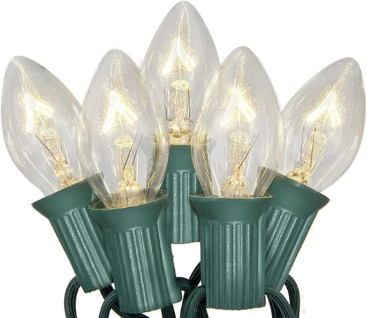 SUNSGNE C7 Christmas Lights, 25Ft Outdoor Christmas String Lights with 27 Clear Warm White Incandescent Bulbs, Xmas Vintage String Light for Patio, Cafe, Party Decor, Green Wire
