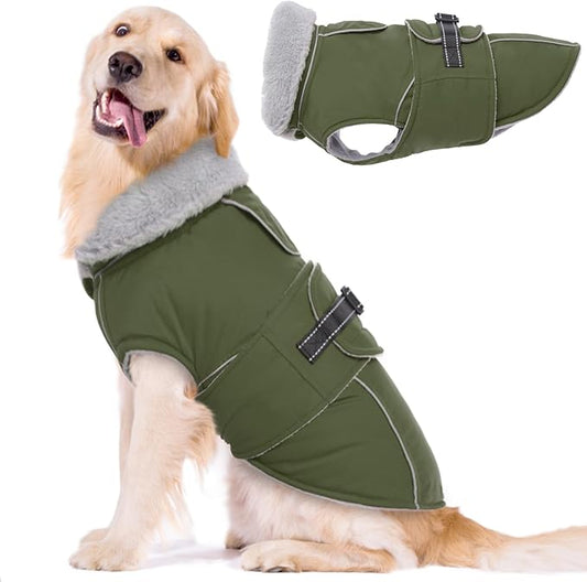 Lelepet Warm Dog Coat Reflective Fleece Vest Waterproof Dog Jacket with Adjustable Buckle Hook & Loop Windproof Cold Weather Coats for Small Medium Large Dogs, Army Green, XXXL