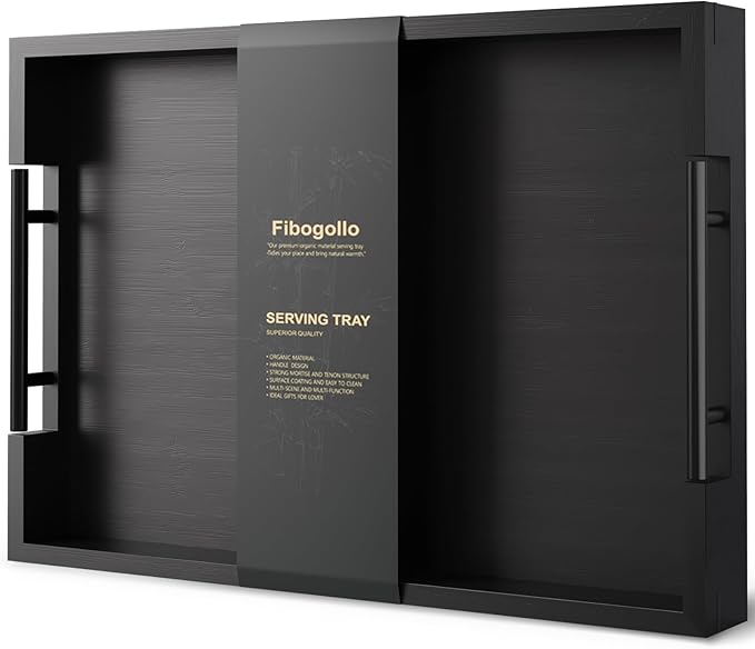 Bamboo Serving Tray with Metal Handles,17x12in Ottoman Decorative Trays Platter for Coffee Table,Living Room,Bar,Party,Large(Black)