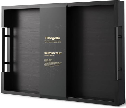 Bamboo Serving Tray with Metal Handles,17x12in Ottoman Decorative Trays Platter for Coffee Table,Living Room,Bar,Party,Large(Black)