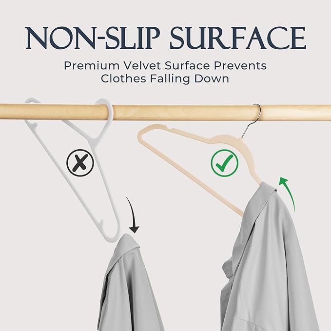 HOUSE DAY Beige Velvet Hangers 40 Pack, Non Slip Clothes Felt Hanger Heavy Duty for Coat, Premium Slim Space Saving Suit Hangers for Closet Organizer, 360° Rotating Silver Hook