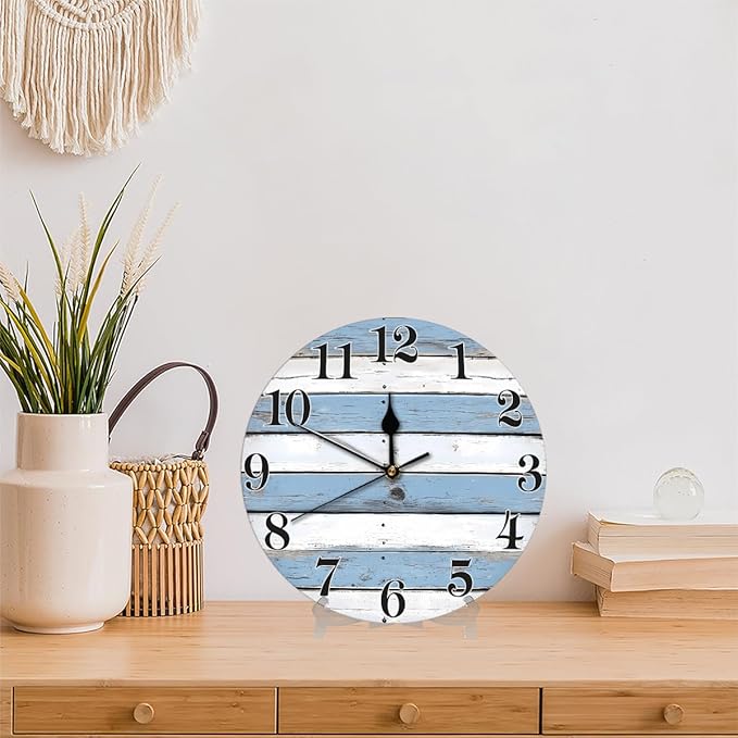 Coastal Country Wooden Wall Clock Battery Operated 10 in Round Wall Clocks Slilent Non Ticking Quartz Analog Clock for Bedroom Kids Living Room Classroom Decor