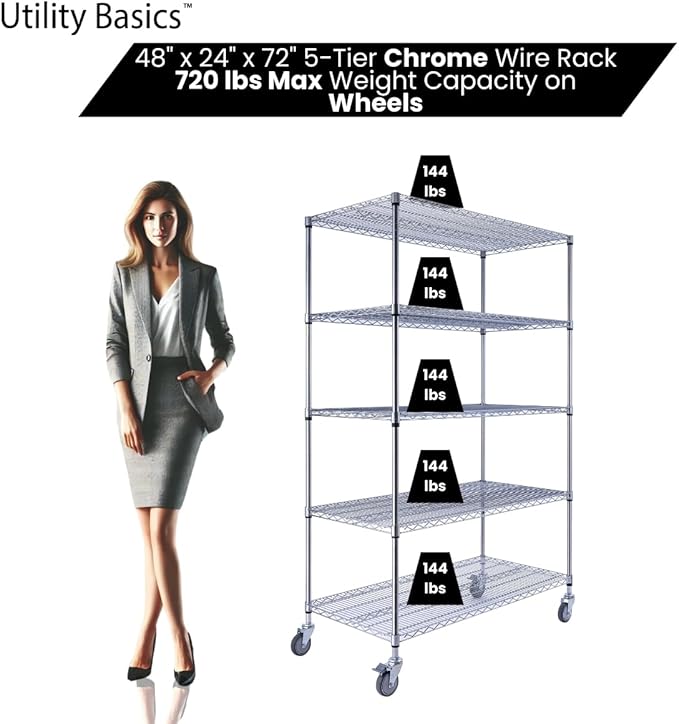 NSF Commercial 5-Tier Wire Shelving with Wheels, 48"x24"x72" Heavy Duty Metal Shelves 4000 lbs Max Capacity, Chrome Storage Rack for Garage Kitchen Pantry Warehouse