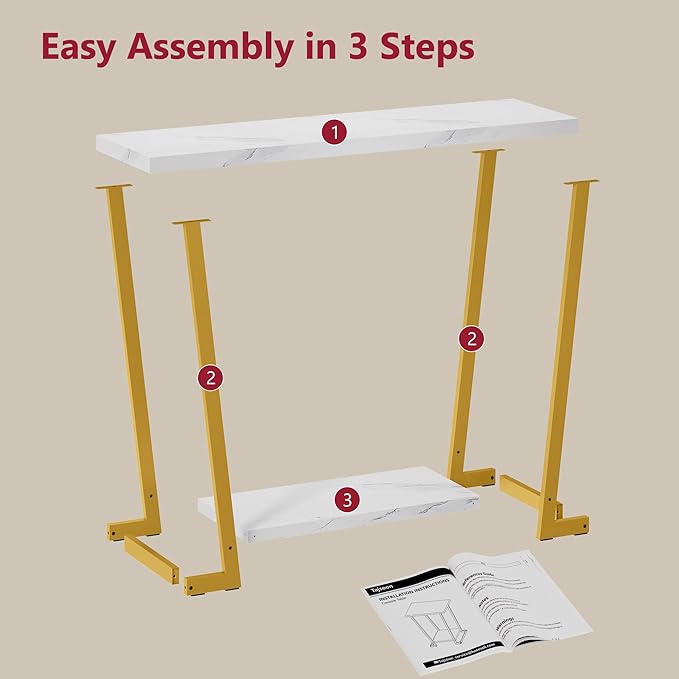 Tajsoon Narrow Console Table for Entryway 31.5'', 2 Tier Rustic Entryway Table with Open Shelves, Industrial Sofa Table with Gemometric Frame for Hallway, Living Room, Entrace, Gold & White