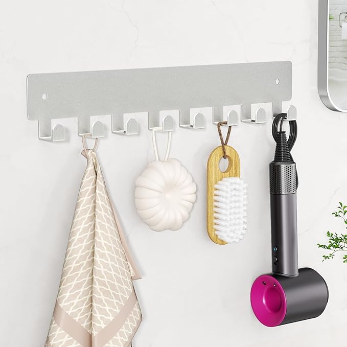 pickpiff Sliver Key Holder for Wall Adhesive, Key Hooks with 8 Hooks, No Drill for Living Room, Kitchen, Office