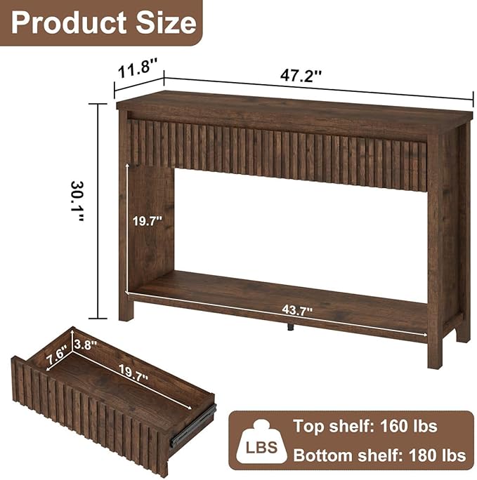 BON AUGURE Console Table with 2 Drawers, 47In Entryway Table with Storage, Sofa Tables with Two-Tier Shelf, Narrow Farmhouse Fluted Couch Tables for Living Room, Rustic Oak
