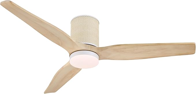 52" Ceiling Fan with Light - Low Profile Flush Mount Ceiling Fan, 6-Speed Remote Control, Solid Wood, Quiet Reversible DC Motor, Boho Style, for Bedroom, Living Room, Porch, Light Oak/White