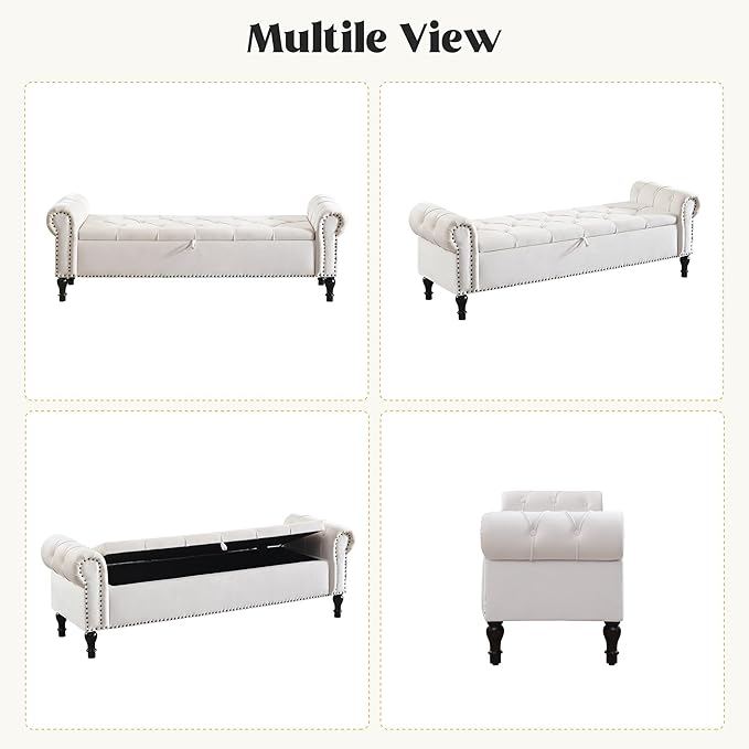 Velvet Storage Bench 67 Inch Upholstered Tufted Ottoman Bench with Arms Large Storage Space King Size End of Bed Benches for Bedroom Living Room Entryway Beige