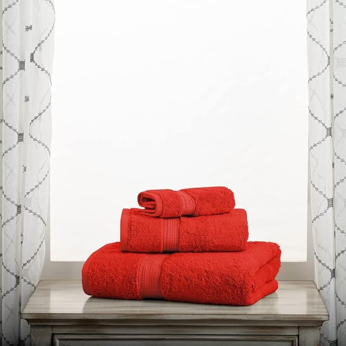 Superior Egyptian Cotton Pile 3 Piece Towel Set, Includes 1 Bath, 1 Hand, 1 Face Towel/Washcloth, Ultra Soft Luxury Towels, Thick Plush Essentials, Guest Bath, Spa, Hotel Bathroom, Red