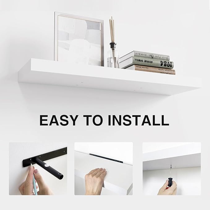 Colima Floating Shelves for Wall, Hanging Shelf for Books, Storage, Room Decor, Rustic Wood Wall Mounted Shelves for Bathroom, Toilet, Bedroom, Living Room, Kitchen, Office, White, 24in, Set of 3