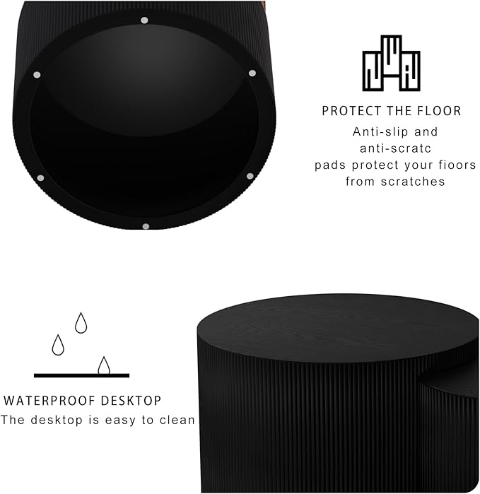 Round Nesting Coffee Table,Modern Fluted Coffee Tables Set of 2, Circle Vertical Stripe Design Drum Center Table Crescent Side Accent and Tables for Living Room (Black)