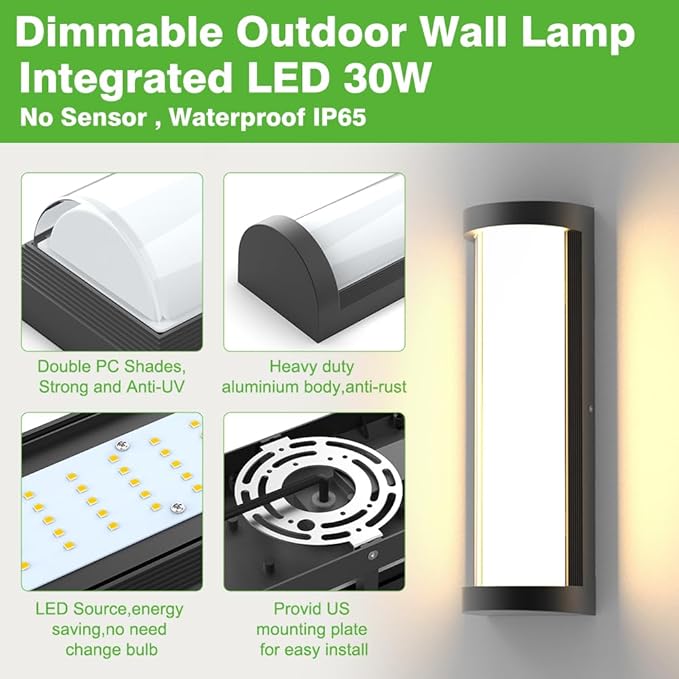 Sytmhoe 10%-100% Dimming Exterior Wall Lights,16in Dimmable LED Modern Patio Wall Light Fixture, Black Aluminum&Dual PC Wall Sconce Suitable for Garage Bathroom Room Courtyard House(3000K)