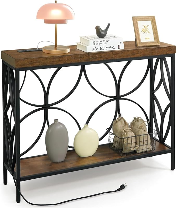CAPHAUS 41” 2-Tier Industrial Sofa Console Thick Table w/Storage & Charging Station, Entrance Tableau w/ 2 Outlets, USB & Type-C Ports for Entryway, Living Room, Hallway, Foyer, Rustic, Butterfly